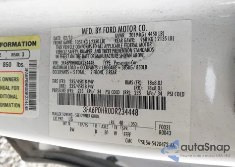 2013 Ford Fusion Se z USA, uszkodzony, nr VIN 3FA6P0HR0DR234448